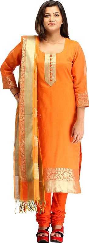 Orange-Ochre Plain Banarasi Choodidaar Kameez Suit with Zari-Woven Border