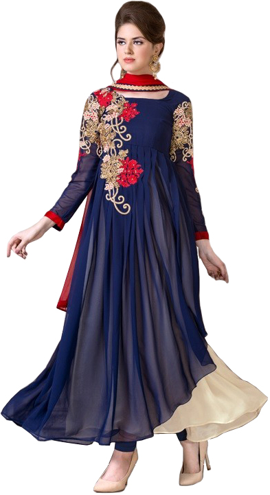 Dark-Blue and Ivory Designer Double-Layered Anarkali Suit with Zari Floral-Embroidery and Crystals
