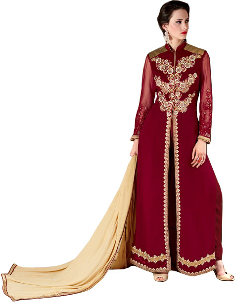 Maroon Bridal Long Choodidaar Kameez Suit with Floral-Embroidered Patches and Sequins