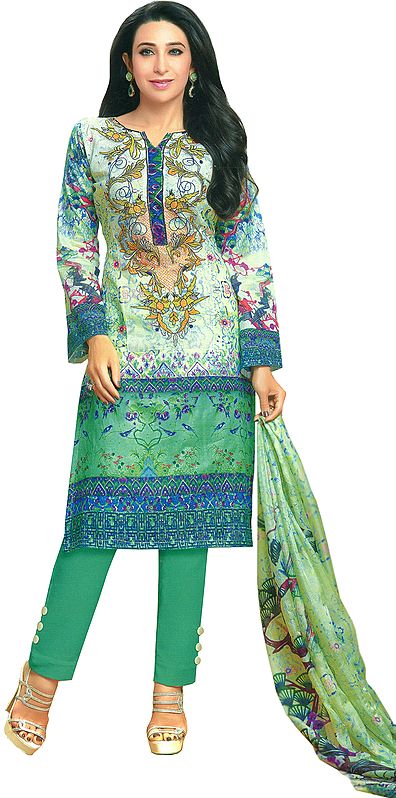 Pistachio-Green Karishma Digital-Printed Parallel Salwar Suit with Embroidered Patch on Neck