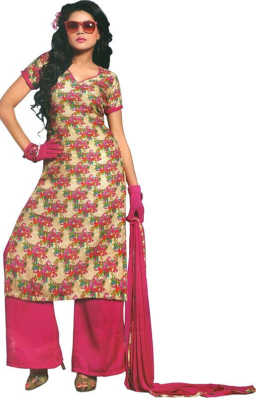 Parchment and Pink Floral-Printed Long Palazzo Salwar Suit with Chiffon Dupatta