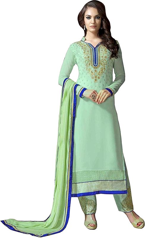 Brook-Green Designer Long Parallel Salwar Suit with Zari-Embroidered Paisleys on Neck and Patch on Salwar