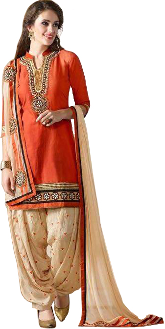 Orange-Rust and Cream Patiala Salwar Kameez Suit with Embroidered Patches and Bootis on Salwar