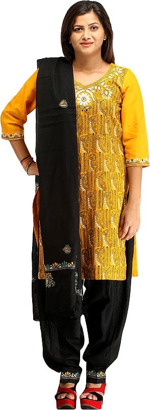 Marigold and Black Salwar Kameez Suit from Kolkata with Kantha-Embroidery by Hand