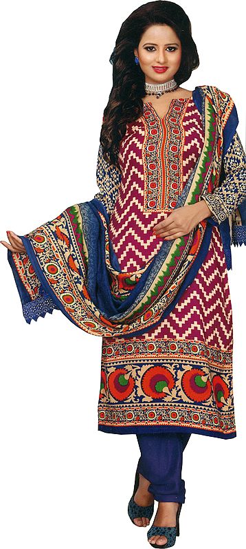 Sangria and Blue Long Choodidaar Kameez Suit with Zigzag Printed Motifs and Wide Border
