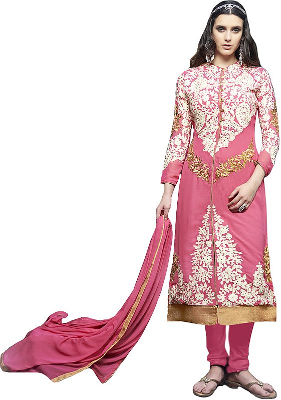 Pink-Carnation Long Choodidaar Kameez Suit with Aari-Embroidery and Crystals