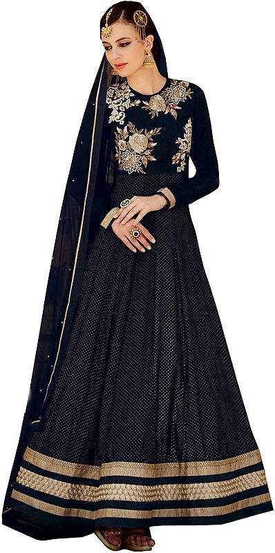 Jet-Black Designer Anarkali Suit with Floral Beads-Embroidery and Small Polka Dots