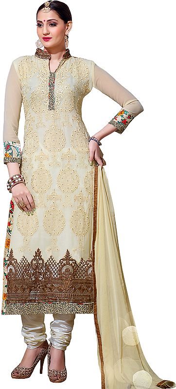 Cream Long Choodidaar Kameez Suit with Embroidery in Self and Patch Border