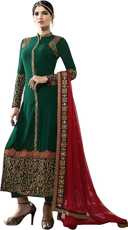 Bistro-Green and Red Designer Long Parallel Salwar Suit with Zari-Embroidery