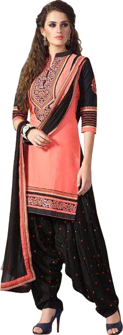 Burnt-Coral and Black Patiala Salwar Kameez Suit with Embroidered Patches and Bootis on Salwar