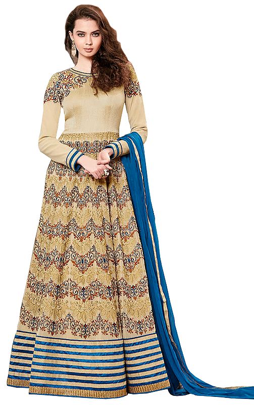 Oyster-White and Blue Designer Floor Length Anarkali Suit with Dense Embroidery and Striped Border