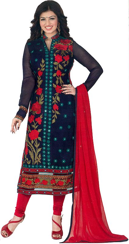 Eclipse-Blue and Red Ayesha Long Choodidaar Kameez Suit with Phulkari Embroidery