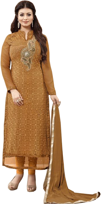 Bone-Brown Ayesha Long Chudidar Kameez Suit with Chikan-Embroidered Flowers and Zardozi Patch