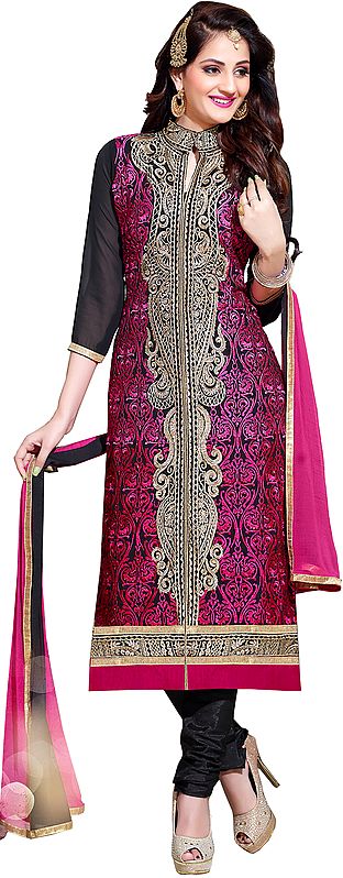 Black and Pink Long Choodidaar Kameez Suit with Embroidery All-Over