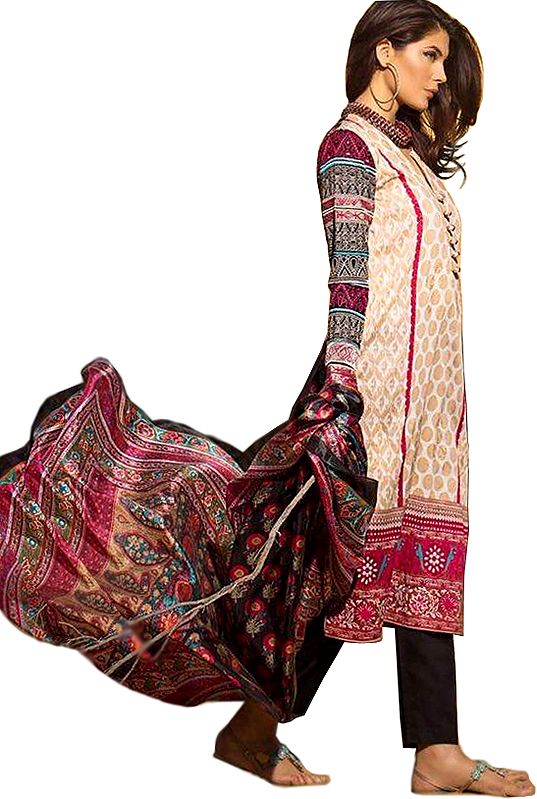 Cream and Black Printed Parallel Salwar Suit with Thread-Embroidery on Sleeves