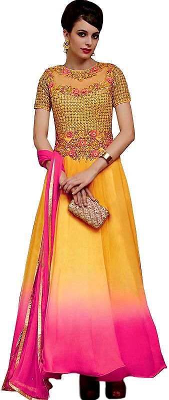 Yellow and Pink Double-Shaded Designer Anarkali Suit with Floral-Embroidery and Crystals