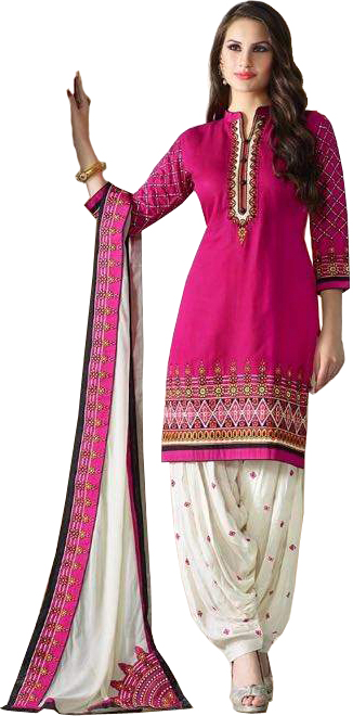 Magenta and Ivory Embroidered Patiala Salwar Kameez Suit with Bootis on Salwar and Paches on Dupatta