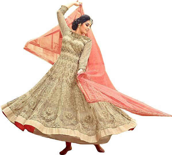 Crème-Brulee and Pink Wedding Heavy Anarkali Suit with Embroidery All-Over and Sequins