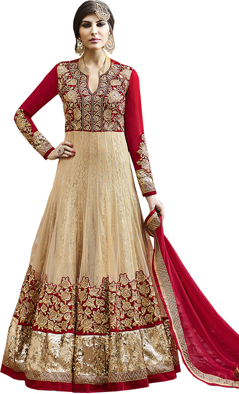 Red and Golden Bridal Heavy Anarkali Suit with Floral Zari-Embroidery and Wide Sequined Border
