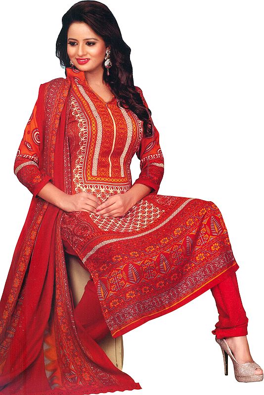 Rococco-Red Floral Printed Long Choodidaar Kameez Suit