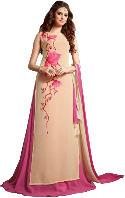 Cream and Pink Party Wear Long Kameez Suit with Floral-Print and Chiffon Dupatta