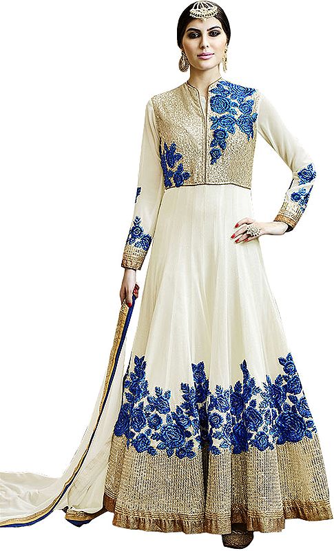 Ivory and Blue Anarkali Suit with Embroidered-Roses and Golden Sequins
