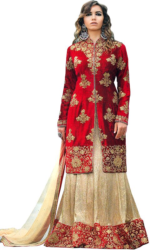 Jester-Red and Golden Bridal Lehenga Suit with Zari-Embroidery and Crystals