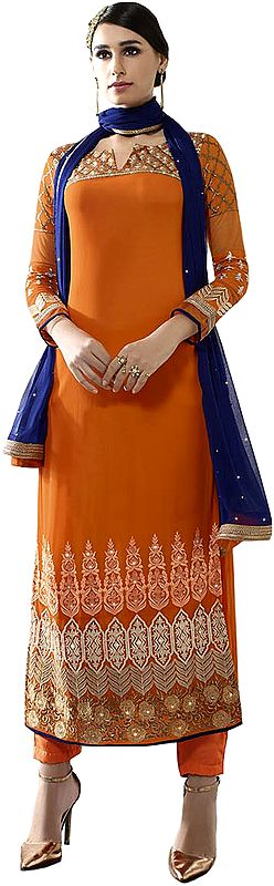 Persimmon-Orange and Blue Long Parallel Salwar Suit with Embroidery in Zari Thread and Crystals