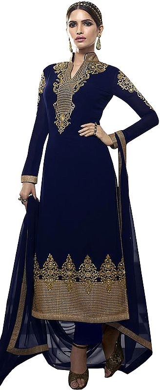 Patriot-Blue Long Parallel Salwar Suit with Golden-Embroidery and Sequins