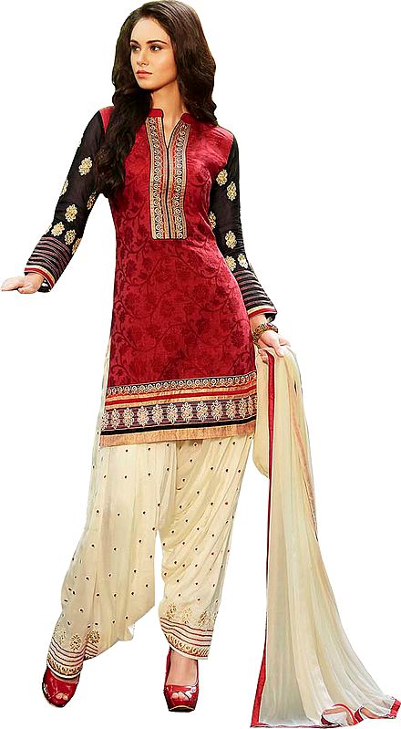 Red and Ivory Patiala Salwar Kameez Suit with Woven-Flowers and Embroidered Patches
