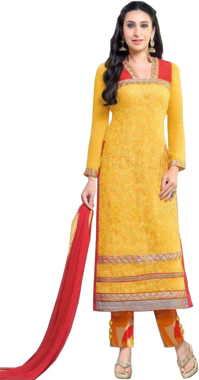 Yellow and Red Karishma Long Parallel Salwar Suit with Aari-Embroidery in Self
