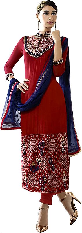Rococco-Red and Blue Long Parallel Salwar Suit with Zari-Embroidery and Crystals