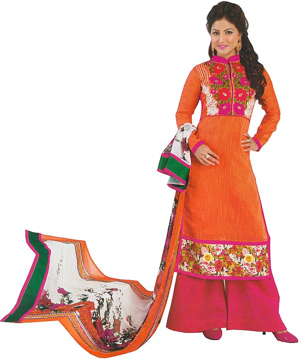 Orange and Pink Long Palazzo Salwar Suit with Embroidered Roses and Digital-Printed Dupatta