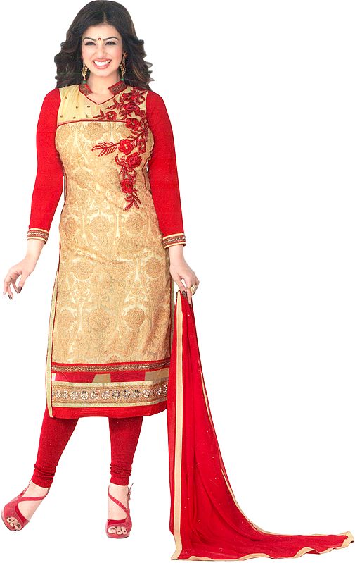 Golden and Red Ayesha Wedding Choodidaar Kameez Suit with Floral-Embroidery and Mirrors on Border