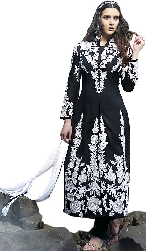 Black and White Long Chudidar Kameez Suit with Embroidered Roses and Crystals