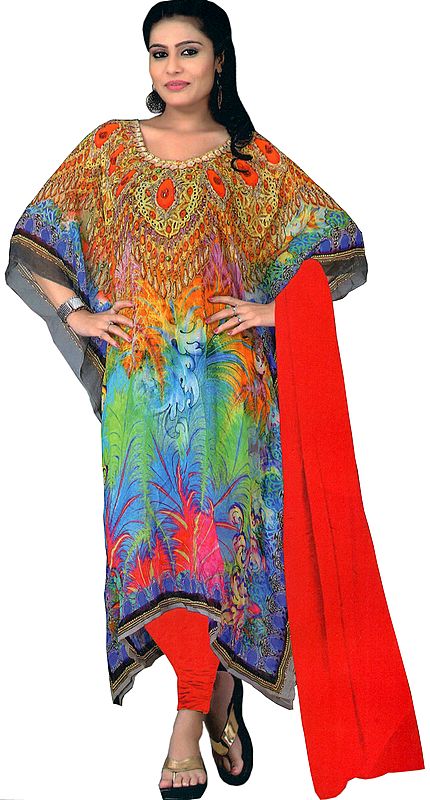 Multicolored Digital-Printed Choodidaar Kaftan Suit with Stone-work on Neck