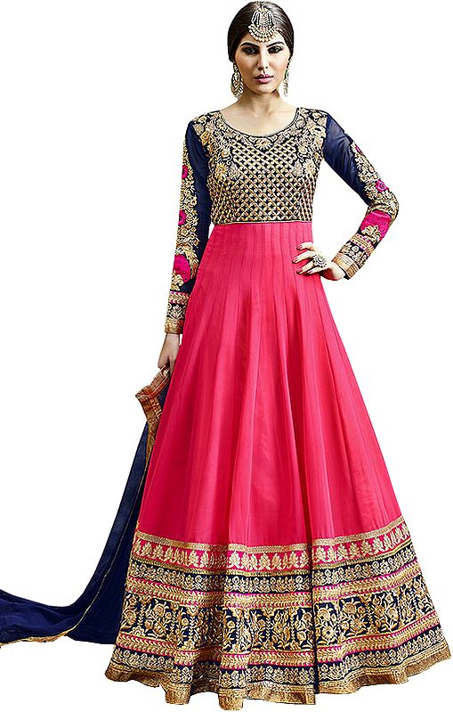 Pink and Blue Designer Anarkali Suit with Golden-Embroidery and Mirrors