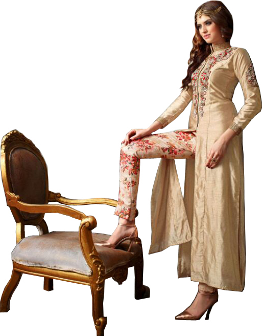 Golden and Cream Long Designer Suit with Beads-Embroidered Patch and Mirrors