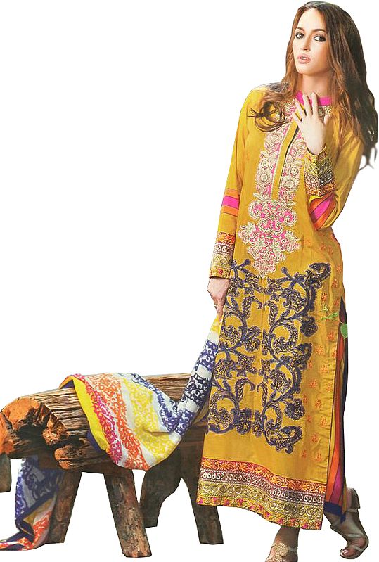 Honey and Blue Printed Long Parallel Salwar Suit with Zari-Embroidered Patch on Neck