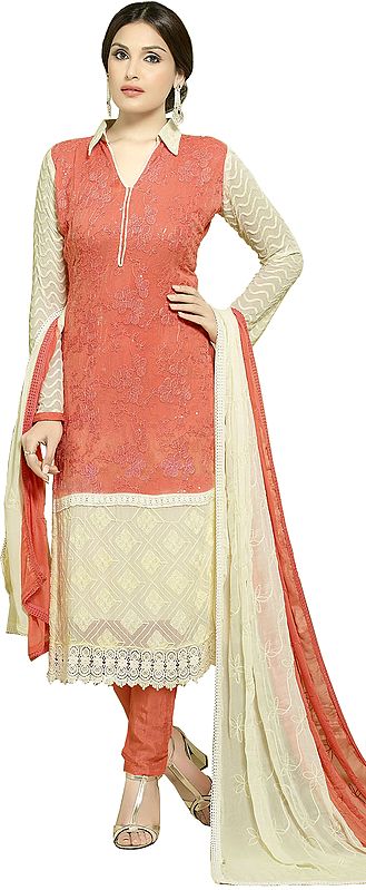 Coral and Cream Choodidaar Kameez Suit with Aari-Embroidery and Sequins