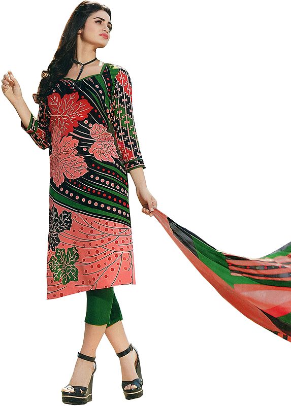 Pink and Green Trouser Salwar Kameez Suit with Printed Leaves