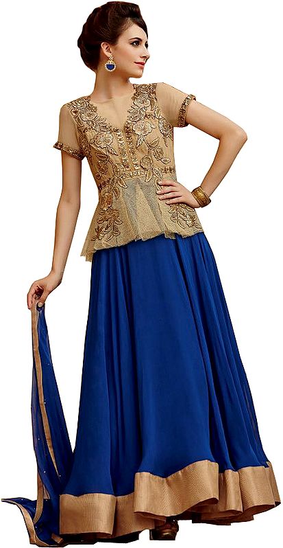 Golden and Blue Wedding Anarkali Suit with Zari-Embroidered Flowers and Crystals