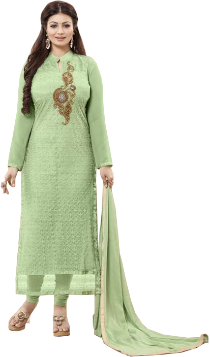 Quiet-Green Ayesha Long Choodidaar Kameez Suit with Chikan-Embroidery and Zardozi-Patch