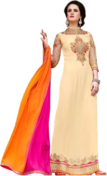 Apricot-Sherbet Floor Length Parallel Salwar Suit with Embroidery and Sequins