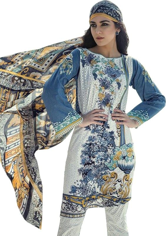 White and Gray Floral Printed Parallel Salwar Suit