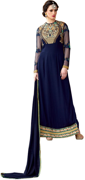 Twilight-Blue Floor Length Chudidar Kameez Suit with Zari-Embroidery and Sequins