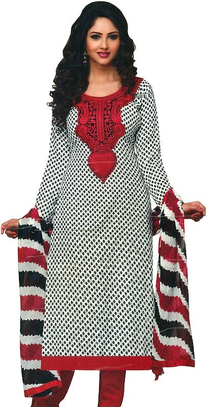 White and Red Chudidar Kameez Suit with Printed Bootis and Embroidered Patch on Neck
