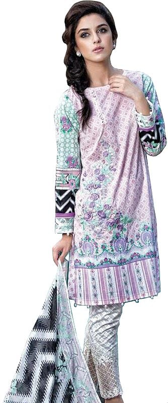 Barely-Pink and Gray Floral Printed Parallel Salwar Suit
