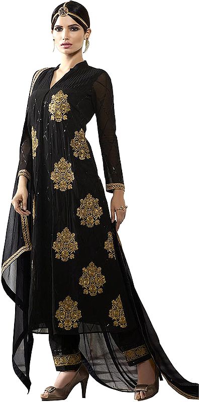 Jet-Black Long Parallel Salwar Suit with Zari-Embroidery and Sequins