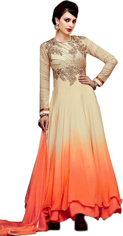 Cream and Orange Double-Shaded Anarkali Suit with Zari Floral-Embroidery and Crystal-work